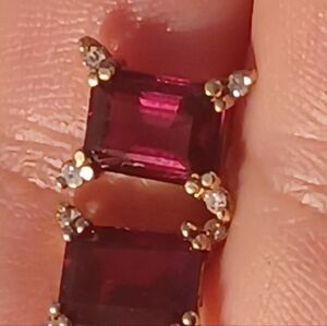 14k Diamond  Solid Yellow Gold and garnet  Rectangular  Earrings